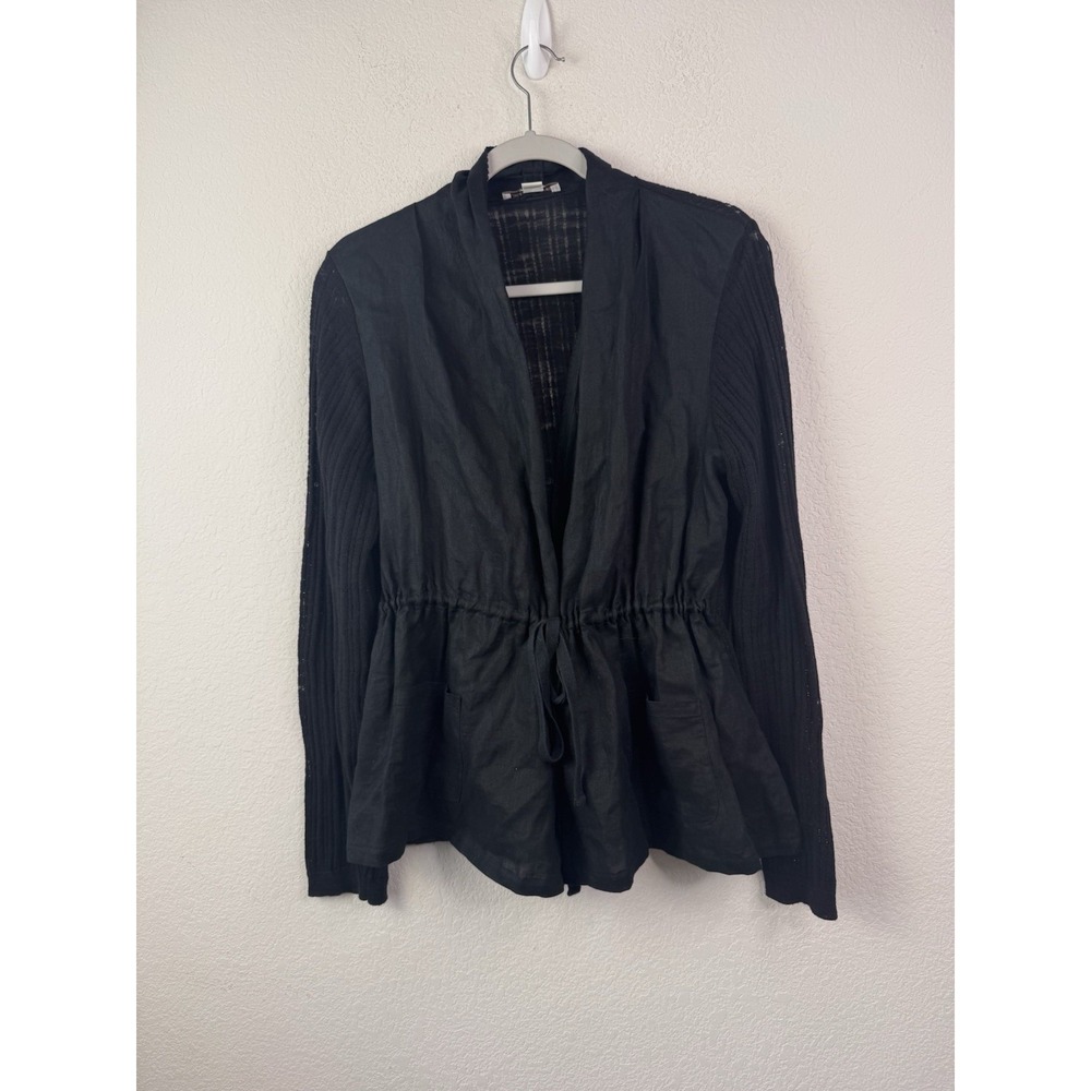 Coldwater Creek Linen Cotton Jacket Womens L Black Drawstring Waist Boho Coastal